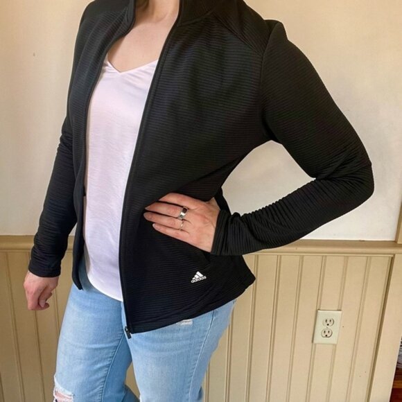 Adidas Golf Jacket Women’s M Black Zip Ribbed Performance Pickleball Athletic - Picture 1 of 9